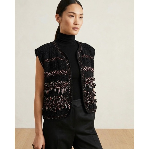 M. J. Lillard Jackets & Blazers - Hand Woven by M. J. Lillard  vtg  Knit Vest Black Pink Ribbon Fringe Textured